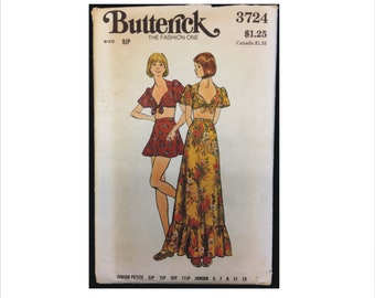 Part Cut 1970s Size 9 JP Bust 34 Midriff Top Long Skirt Short Butterick 3724 Vintage Sewing Pattern Sweetheart Neckline Maxi Junior Petite