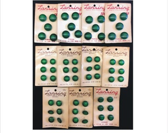 Lot 62 Lansing Buttons Green Shank Style 1090 Size 28 22 Vintage 1950s Mid Century On Cards Slight Dome Japan Plastic