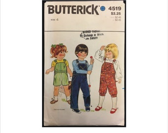 1980s Size 4 Chest 23 Toddlers Bib Front Overalls Butterick 4519 Vintage Sewing Pattern 80s Retro Boys Girls Play Clothes Knickers