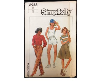Uncut 1980s Size 14 Waist 25 Fuss Free Fit Pants Shorts Culottes Simplicity 6953 Vintage Sewing Pattern 80s Retro Button Waistband