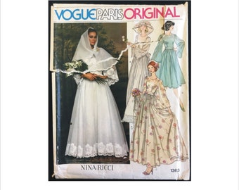 Uncut 1970s Size 10 Bust 32 1/2 Nina Ricci Bridal Dress Belt Slip Scarf Vogue 1363 Vintage Sewing Pattern Wedding Gown Paris Original Cape