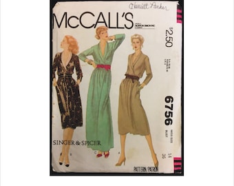 1970s Size 14 Bust 36 Singer and Spicer Lapped Bodice Dress McCalls 6756 Vintage Sewing Pattern 70s Designer Retro Pullover Surplice