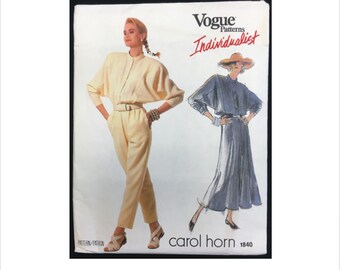Uncut 1980s Size 12 Bust 34 Individualist Carol Horn Dress Jumpsuit Vogue 1840 Vintage Sewing Pattern 80s Retro Designer Modest