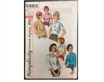 Part Cut 1960s Size 12 Bust 32 Back Button Blouse Ruffles Petal Collar Simplicity 5885 Vintage Sewing Pattern 60s Top Shirt