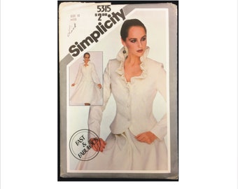 Uncut 1980s Size 10 Bust 32 1/2 Fast Lined Princess Seam Jacket Skirt Simplicity 5315 Vintage Sewing Pattern Fitted Bias Ruffle Collar