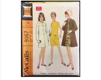 Uncut 1960s Size 10 Bust 32 1/2 Single Breasted Coat Shift Dress McCalls 9167 Vintage Sewing Pattern Ensemble French Darts