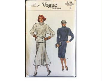Uncut 1980s Size 12 Bust 34 Loose Fitting Dress Top Skirt Vogue 9104 Vintage Sewing Pattern Retro Bias Tucked Collar