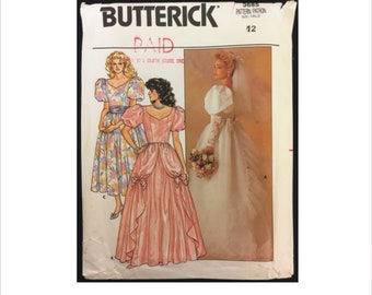 Uncut 1980s Size 12 Bust 34 Princess Seam Wedding Bridal Gown Bridesmaid Dress Butterick 3685 Vintage Sewing Pattern Retro Train Overskirt