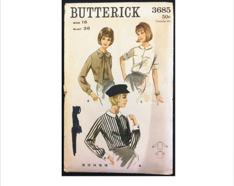 Part Cut 1960s Size 16 Bust 36 French Cuffs Blouse Shirt Butterick 3685 Vintage Sewing Pattern Pussy Bow Bias Tie Classic 3 Versions