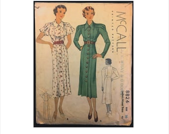 Part Cut 1930s Size 16 Bust 34 Tucked Shoulder Button Front Dress McCalls 8824 Vintage Sewing Pattern Deco Issues