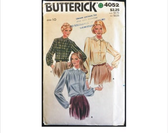 Uncut 1980s Size 10 Bust 32 1/2 Loose Fitting Front Button Blouse Butterick 4052 Vintage Sewing Pattern Retro Collar Variations