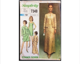 Part Cut 1960s Size 14 Bust 34 Iconic Dress in 2 Lengths Jacket Simplicity 7348 Vintage Sewing Pattern Gown Sleeveless Designer Fashion
