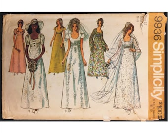 Part Cut 70s Sz 12 Bust 34 Wedding Dress Bridesmaid Simplicity 9936 Vintage Sewing Pattern Bridal Gown Empire Waist Sweetheart Angel Sleeve
