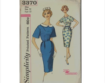 Uncut 1960s Size 12 Bust 32 Detachable Collar Sheath Dress Simplicity 3370 Vintage Sewing Pattern 60s Unit Construction