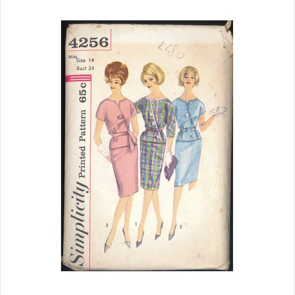 1960s Size 14 Bust 34 Slant Front 2 Piece Proportioned Dress Simplicity 4256 Vintage Sewing Pattern 60s