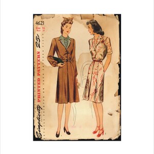 May include: Vintage Simplicity sewing pattern for a dress, pattern number 4621, size 16, bust 34. The pattern shows two women wearing dresses, one in brown and one in a floral print.