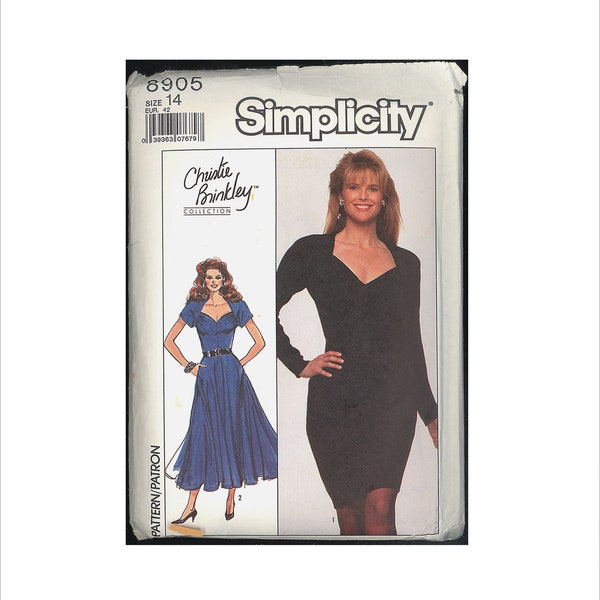 1980s Size 14 Bust 36 Christie Brinkley Sweetheart Neckline Dress Simplicity 8905 Vintage Sewing Pattern 80s Retro Flared Slim Skirt