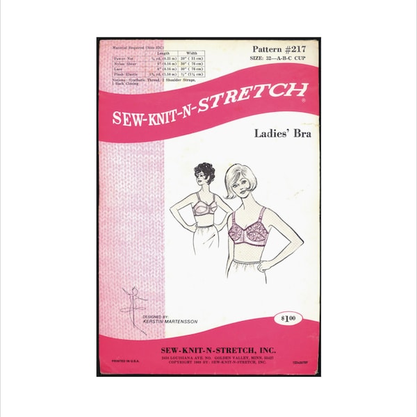 1960s 32 A B C Cup Kerstin Martensson Nylon Tricot Bra Sew Knit N Stretch 217 Vintage Sewing Pattern 60s Brassiere Lingerie