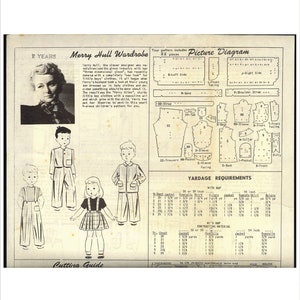 May include: A sewing pattern for a child's wardrobe. The pattern includes a jacket, overalls, a shirt, and trousers. The pattern is for a child 2 years old. The pattern includes a picture diagram and yardage requirements.
