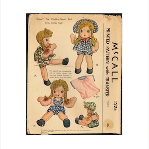 Uncut 1940s 16 1/2 inch Nina Chubby Check Stuffed Rag Doll and Clothes McCalls 1225 Vintage Sewing Pattern 40s Transfer Included WW2