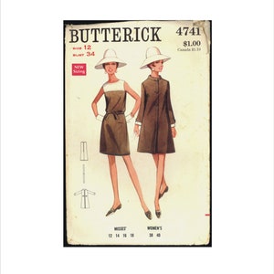 1960s Size 12 Bust 34 Mod Sleeveless Dress Matching Coat Butterick 4741 Vintage Sewing Pattern 60s A Line Ensemble