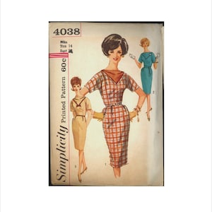 Part Cut 1960s Size 14 Bust 34 Kimono Sleeve Sheath Dress Simplicity 4038 Vintage Sewing Pattern 60s Mid Century Bateau Neckline
