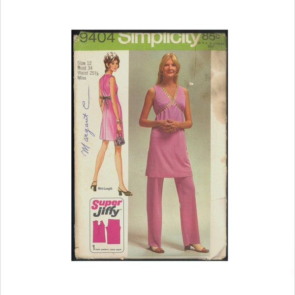 Uncut 1970s Size 12 Bust 34 Easy Mini Dress Pants Simplicity 9404 Vintage Sewing Pattern 70s Tunic Super Jiffy Empire Waist