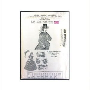 May include: Black and white vintage sewing pattern for a plain basque jacket. The pattern includes instructions and a size chart. The pattern is for sizes 8-10, 12-14, 16-18, 20-22, and 42-44. The pattern is from Heidi Marsh Patterns.