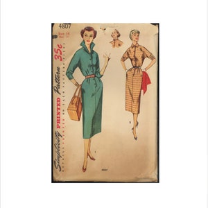 1950s Size 14 Bust 32 Dolman Sleeve Button Front Dress Simplicity 4807 Vintage Sewing Pattern 50s Mid Century