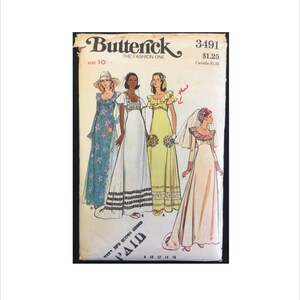 May include: A vintage sewing pattern for four different styles of dresses. The pattern is for size 10 and is from Butterick, The Fashion One. The pattern number is 3491 and the price is $1.25. The dresses are all long and flowy, with different necklines and sleeves. The pattern includes instructions for making the dresses.