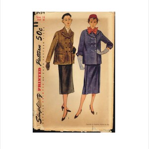 May include: A vintage sewing pattern for a double-breasted coat with a skirt. The pattern is printed on a cream-colored paper with a red and black border. The pattern is for size 14, bust 32. The pattern is titled "Simply Printed Pattern 50c".