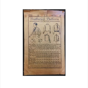 May include: A vintage Butterick sewing pattern for a boy's shirt. The pattern includes instructions and a size chart for ages 10 years. The pattern is printed on a yellowed paper with a price of 25 cents.