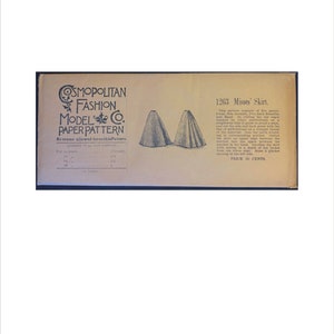 May include: A vintage sewing pattern for a skirt, labeled "1263 Misses' Skirt." The pattern is from the Cosmopolitan Fashion Model Paper Pattern company. The pattern includes instructions for cutting and sewing the skirt, and a chart for determining the amount of fabric needed based on size. The price is listed as 20 cents.