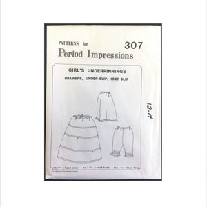 May include: A vintage sewing pattern for a girl's undergarments, including drawers, an underslip, and a hoop slip. The pattern is numbered 307 and is for sizes 12-14. The pattern includes instructions for making the garments with a 2, 3, or 4 band hoop.