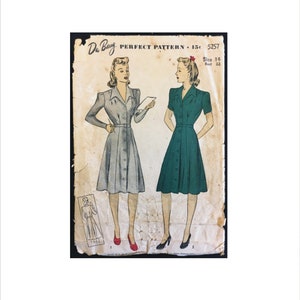 1940s Size 14 Bust 32 Button Front Dress DuBarry 5257 Vintage Sewing Pattern Du Barry Swing WWII Issue