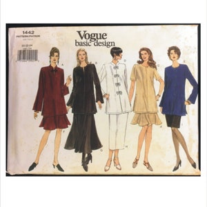 May include: A sewing pattern for five different styles of jackets and skirts. The pattern is from Vogue Basic Design and is numbered 1442. The pattern includes a red jacket and skirt, a black jacket and skirt, a white jacket and skirt, a beige jacket and skirt, and a blue jacket and skirt.
