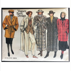 May include: Vogue's Basic Design pattern 1614 featuring five different coat styles. The coats are in various colors and patterns, including yellow, plaid, black, and red. The models are wearing hats and have different hairstyles.