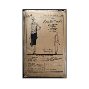 May include: A vintage sewing pattern for a dress, featuring a woman in a black dress with a white collar and a black hat. The pattern is for Butterick pattern number 2206 and includes a Deltor guide. The pattern is for women and young girls and is priced at 50 cents. The pattern is for a dress that can be made from a variety of fabrics, including velvet, satin, silk crepe, and crepe de chine.