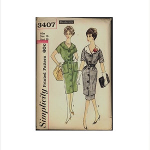 May include: Simplicity Printed Pattern 600C, Slenderette, size 16, bust 36, pattern number 3407.  The pattern shows two women wearing dresses. One dress is green with a button front and the other is black and white plaid with a belt.