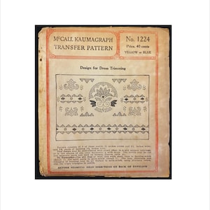 1920 taglia unica Kaumagraph Transfer Design abito rifilatura McCall 1224 modello di cucito vintage ferro su ricamo colori contadini carta non copia