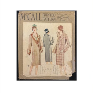 May include: Vintage McCall's Printed Pattern 4912 for a coat, size 40, 45 cents. The pattern shows three women wearing different styles of coats. The first woman is wearing a brown coat with a fur collar, the second woman is wearing a gray coat, and the third woman is wearing a plaid coat.