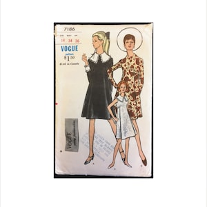 May include: Vintage Vogue sewing pattern number 7186 for a dress with a Peter Pan collar. The pattern includes instructions for three different sizes: 14, 34, and 36. The pattern is illustrated with three women wearing the dress in different colors and styles.
