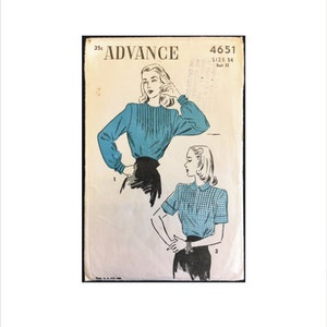 May include: Vintage sewing pattern for a blouse with a gathered neckline and short sleeves. The pattern is from Advance, pattern number 4651, size 14, bust 32. The pattern shows two different styles of blouses, one with long sleeves and one with short sleeves.