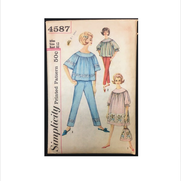 Part Cut 1960s Size 12 Bust 32 Nightgown Pajamas Laundry Bag Simplicity 4587 Vintage Sewing Pattern 60s Mid Century PJs Top Pants