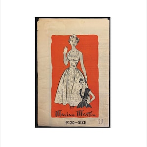 May include: Vintage sewing pattern featuring a woman in a halter dress with a floral print, and a second woman in a dress with a bolero. The pattern is set against a red background with the text "Marian Martin" and "9120-SIZE".