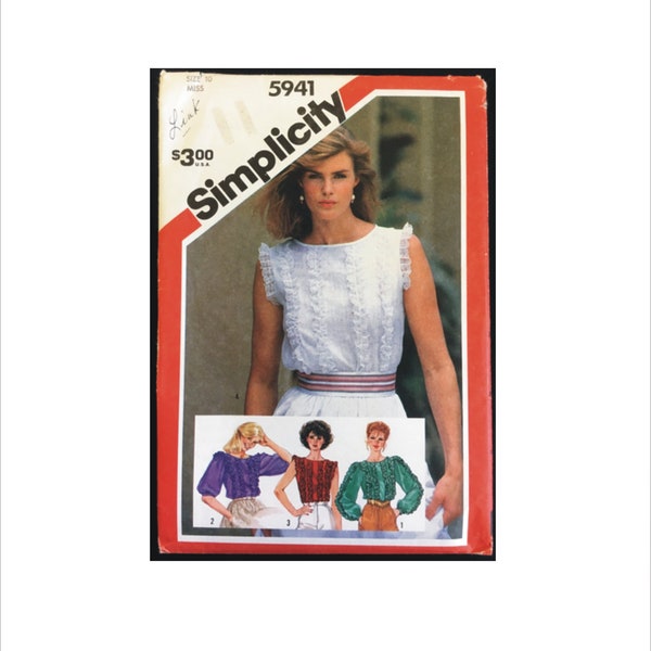 1980s Size 10 Bust 32 1/2 Back Button Boat Neck Ruffled Blouse Simplicity 5941 Vintage Sewing Pattern Retro Variations Shirt