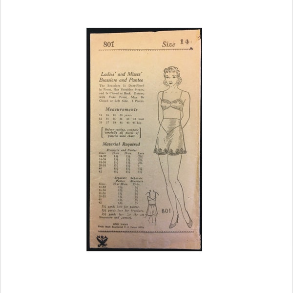 1930s Size 14 Bust 32 Brassiere Panty Own Name 801 Vintage Sewing Pattern NRA Logo Great Depression Unprinted Not A Copy