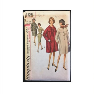 Uncut 1960s Size 14 Bust 34 Kimono Sleeve Dress & Lined Coat Simplicity 6128 Vintage Sewing Pattern Mid Century Ensemble