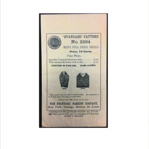 May include: A vintage pattern for a men's full dress shield. The pattern is numbered 3294 and costs 10 cents. It is one size and requires 1/4 yard of fabric 22 inches wide. The pattern is protected by letters patent number 371144.