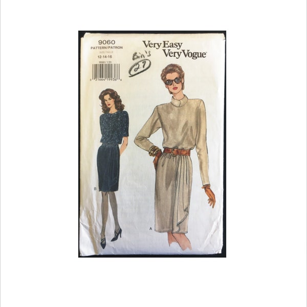 Uncut 1990s Size 12 14 16 Easy Dress Blouson Bodice Elastic Waist Vogue 9060 Vintage Sewing Pattern Bust 34 36 38 Retro Side Drape